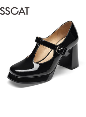 KISS CAT/接吻猫春秋牛漆皮T字带玛丽珍鞋粗高跟单鞋女KA43354-80