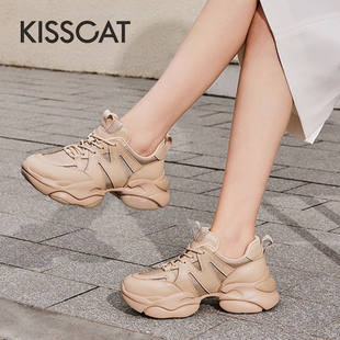 KISS CAT/接吻猫春秋牛皮拼接系带老爹鞋厚底休闲鞋女KA54192-51