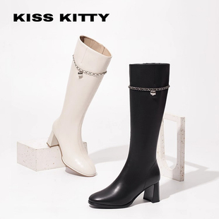 KISSKITTY秋冬牛皮粗高跟骑士靴侧拉链长筒时装 靴女SA53587