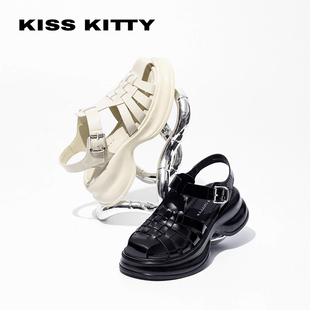 KISSKITTY夏季牛漆皮猪笼鞋厚底增高编织罗马凉鞋女SA43373-36