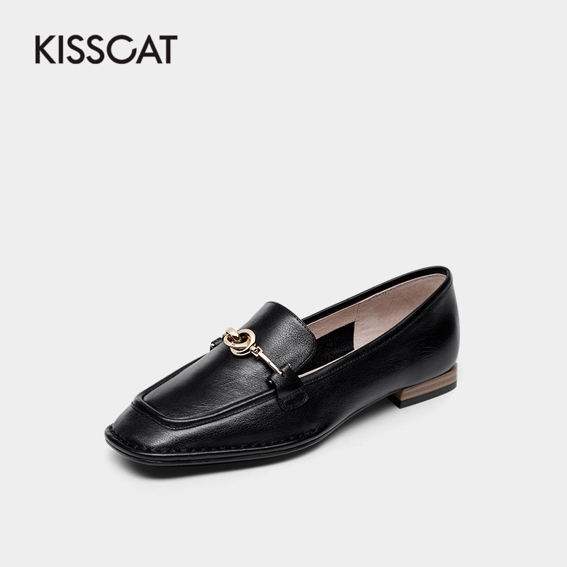 接吻猫牛皮方头低跟乐福鞋女