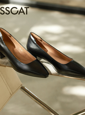 KISS CAT/接吻猫春秋羊皮单鞋女浅口高跟鞋方头小皮鞋KA54517-10