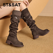 St&Sat 星期六秋冬圆头套筒骑士靴厚底增高堆堆西部靴SSD4117CFK