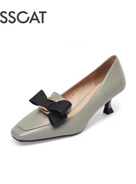 KISS CAT/接吻猫春秋羊皮方头乐福鞋一脚蹬高跟单鞋女KA43101-16