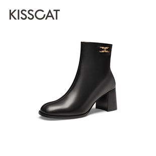 KISS CAT/接吻猫秋冬牛皮时装靴圆头粗高跟通勤短靴女KA43704-10