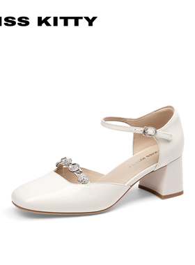 KISSKITTY春夏方头玛丽珍鞋粗跟单鞋法式包头凉鞋女SA65128-81