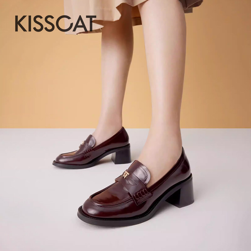 KISS CAT/接吻猫春秋牛皮乐福鞋粗高跟法式复古单鞋女KA43542-50,女鞋,乐福鞋（豆豆鞋）,淘宝优惠券,粉丝福利购,淘宝优惠卷