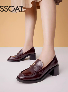 KISS CAT/接吻猫春秋牛皮乐福鞋粗高跟法式复古单鞋女KA43542-50