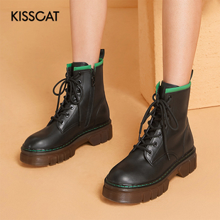 接吻猫秋冬圆头牛皮系带拉链中筒马丁靴女KA32742 KISS CAT