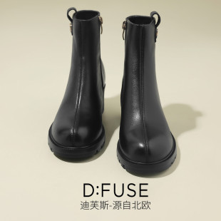 迪芙斯冬季 D：Fuse 牛皮圆头保暖加绒侧拉链高跟短靴女DF3311891F