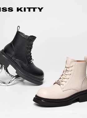 KISSKITTY冬季牛皮系带马丁靴厚底增高侧拉链短靴女SA43809-36