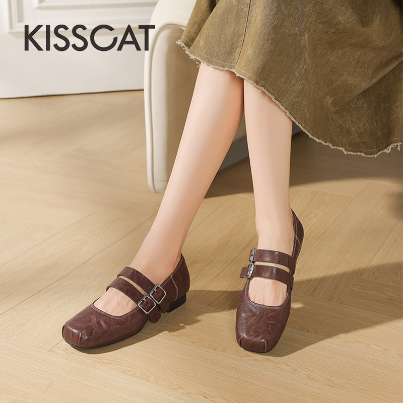 接吻猫法式方头双扣带玛丽珍鞋女