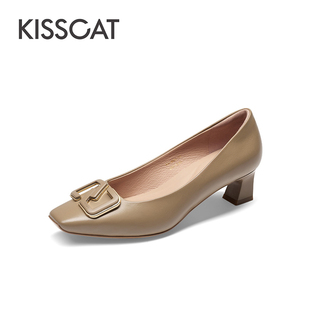 KISS CAT/接吻猫春秋羊皮金属扣方头一脚蹬粗跟单鞋女KA43602-14
