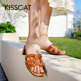 KISS CAT/接吻猫夏季羊皮方头露趾外穿粗高跟凉拖鞋女KA54317-13