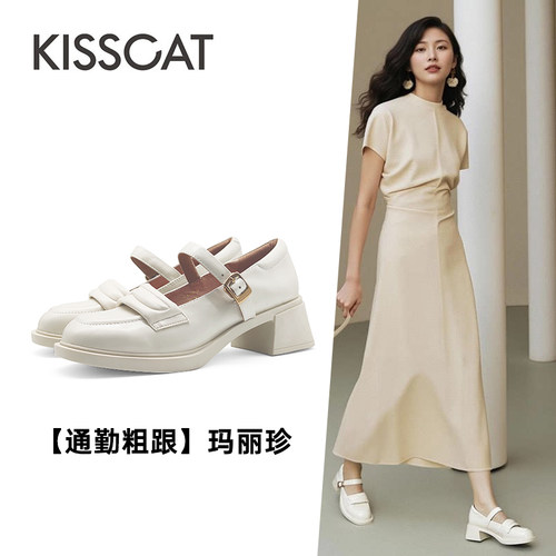 接吻猫圆头粗高跟玛丽珍鞋