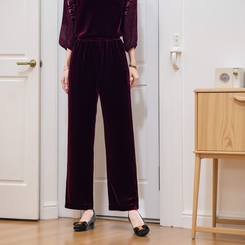 高端真丝绒裤子显瘦2026新春秋桑蚕丝植绒女裤垂感高腰直筒裤长裤