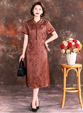  品牌四经绞罗香云纱绣花改良旗袍桑蚕丝真丝妈妈大码中式连衣裙
