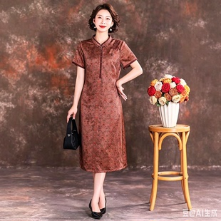  品牌四经绞罗香云纱绣花改良旗袍桑蚕丝真丝妈妈大码中式连衣裙