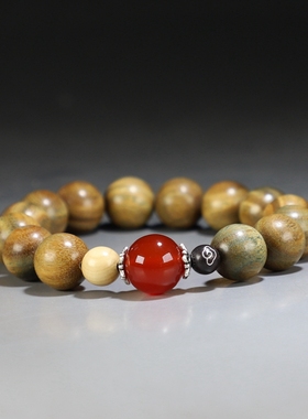 [原创]天然绿檀木手链红玛瑙黄杨黑檀藏银花托男女情侣款手串楼叔