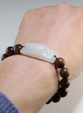 【新品】和田白玉莲花手牌+黑花梨圆珠手链 楼叔原创