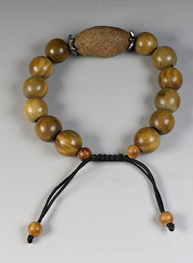 [原创]天然橄榄形戈壁石配绿檀木个性手链可伸缩款手串楼叔孤品