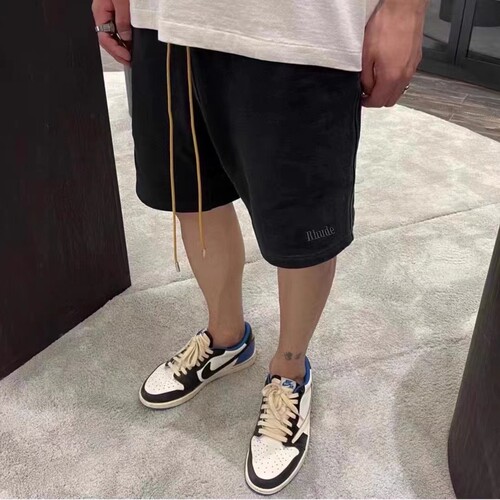 RHUDE刺绣logo纯色复古休闲运动五分裤kanye潮牌高街宽松抽绳短裤