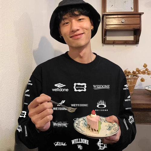 WE11DONE RULE满印字母WELLDONE美式LOGO潮牌小众纯棉宽松长袖T恤