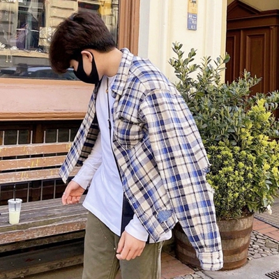 Vujade 004破坏工艺格子小众高级法兰绒休闲KENIJIMA复古衬衫外套