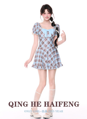 ONLYGIRL泳衣女甜美风复古格纹连体泳衣女学院风收腰公主裙式泳装