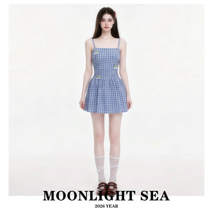 MOONLIGHTSEA新款复古学院风蓝白格子裙式保守遮肚显瘦连体泳衣女