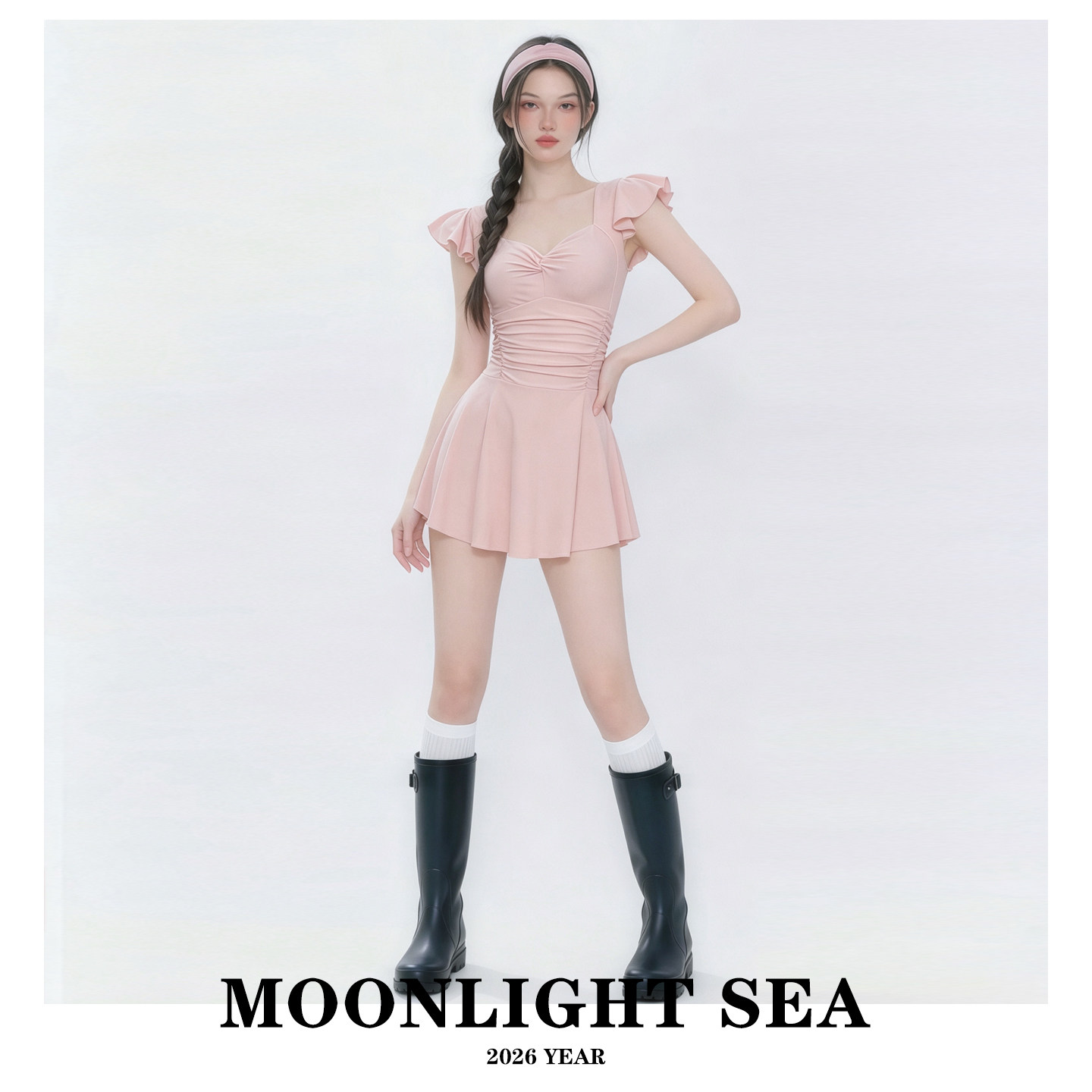 MOONLIGHT SEA新款粉色连体泳衣女飞袖收腰显瘦遮肚保守温泉泳装