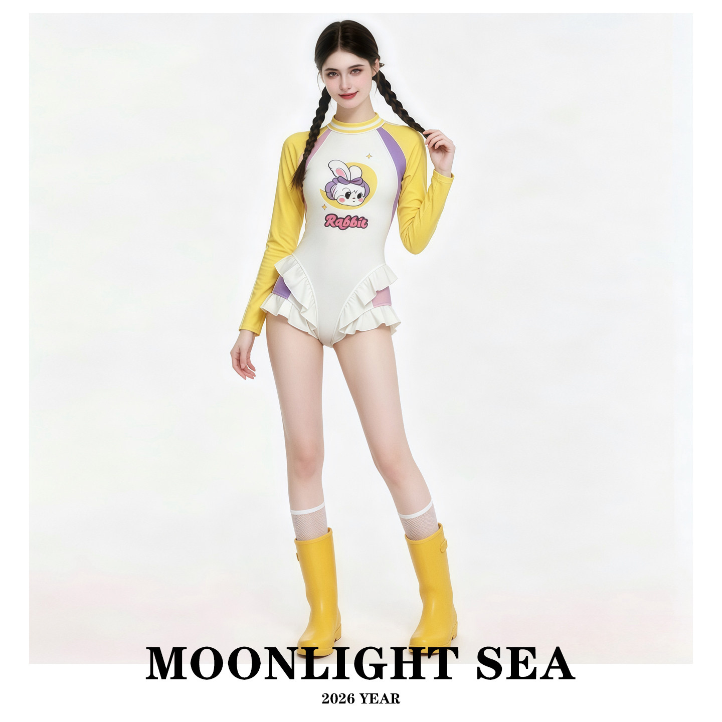 MOONLIGHTSEA新款可爱风卡通印花长袖防晒连体遮肚显瘦游泳衣女