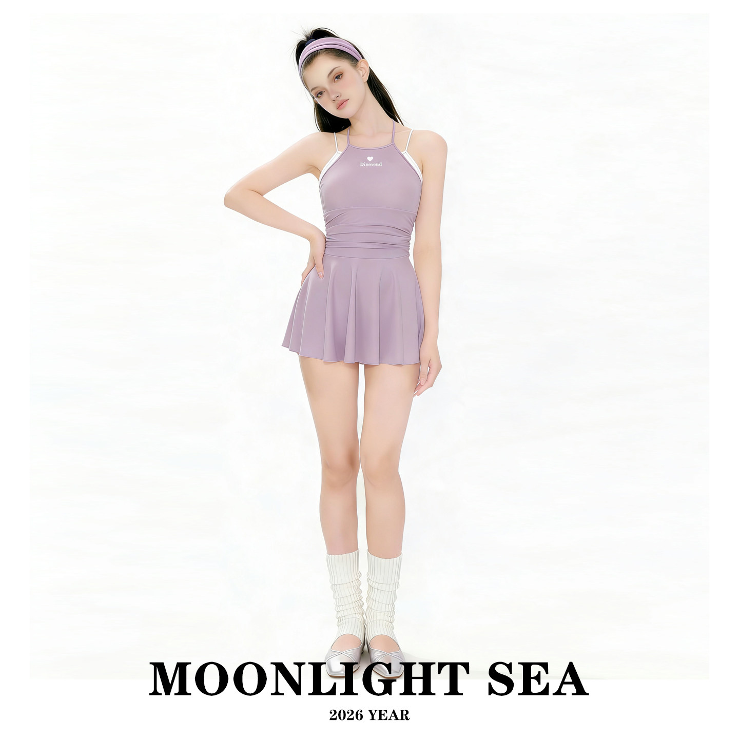 MOONLIGHTSEA高级感香芋紫简约连体游泳衣女保守显瘦遮肚温泉泳装 - 实物图