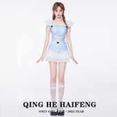 only girl－蓝白格子裙式 雪纺花边仙气显瘦保守分体游泳衣温泉