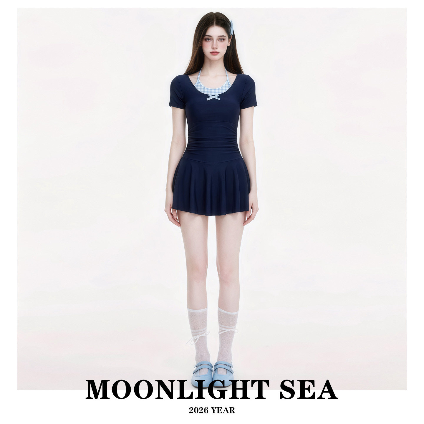 MOONLIGHTSEA新款学院风连体泳衣女短袖收腰显瘦保守裙式泳装温泉