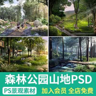 森林山地公园林下空间林间滨水小溪景观效果图ps素材psd源文件