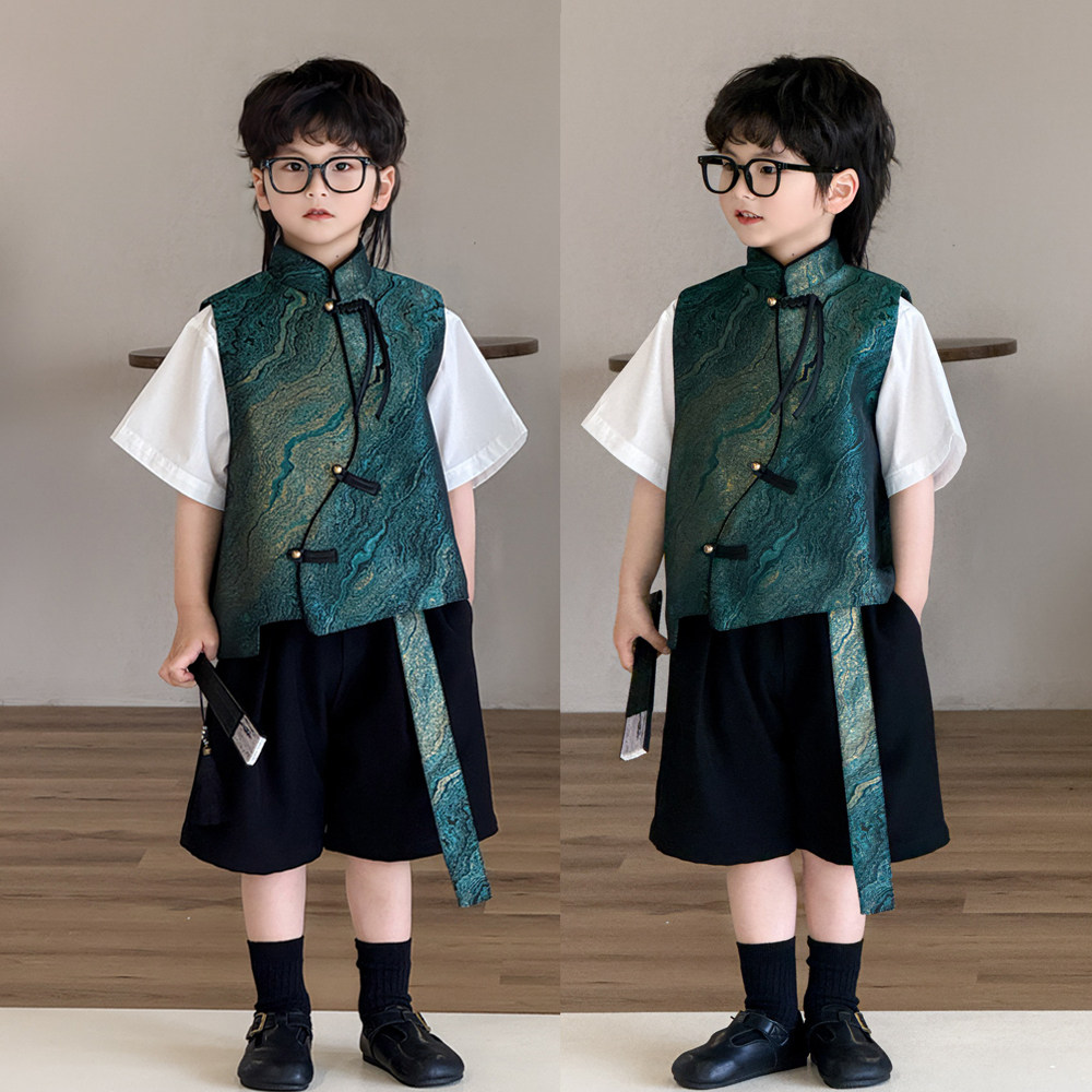 高端男童唐装国风马甲套装2025新款夏季新中式儿童汉服走秀礼服潮图片