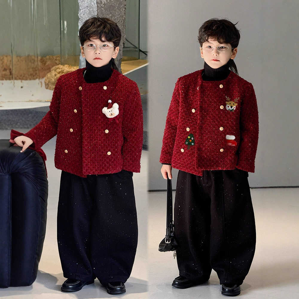儿童小香风外套男童西装套装秋冬加绒双排扣红色洋气过年拜年服潮