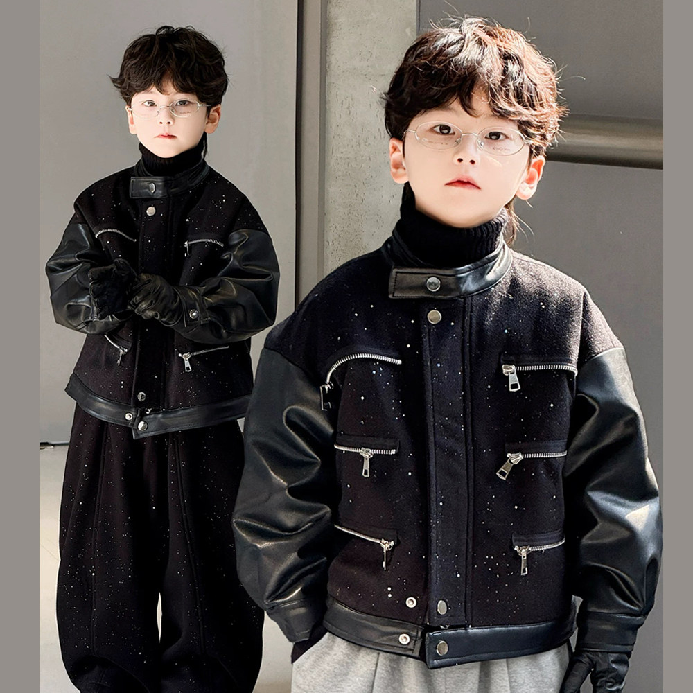 痞帅小香风立领皮衣男童加厚亮片夹克潮流时尚轻奢机车风加绒外套