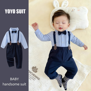 一周岁礼服男宝背带裤套装春夏男童短袖西装婴幼儿生日宴抓周衣服