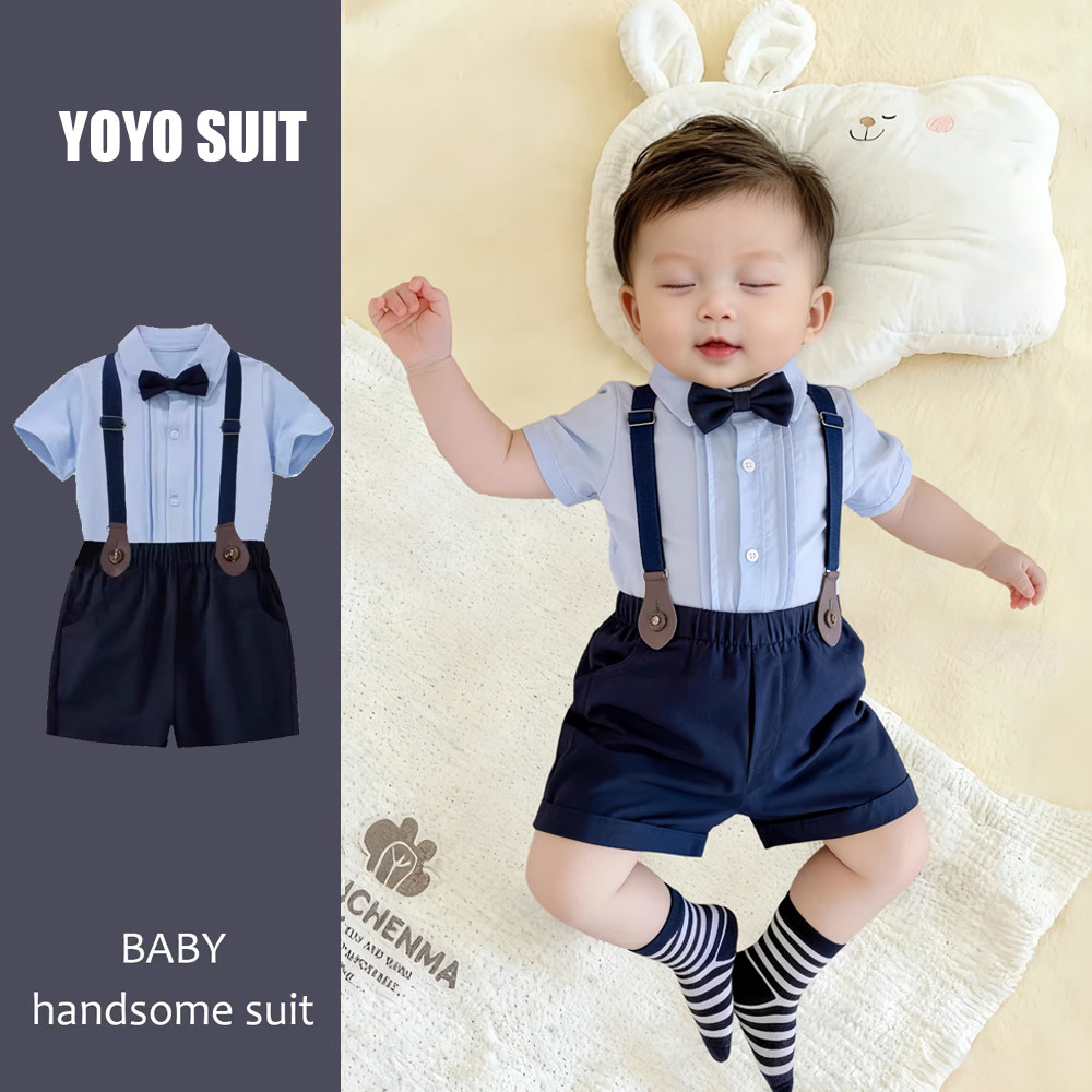 一周岁礼服男宝宝西装绅士套装短袖衬衫背带裤两件套百天抓周衣服