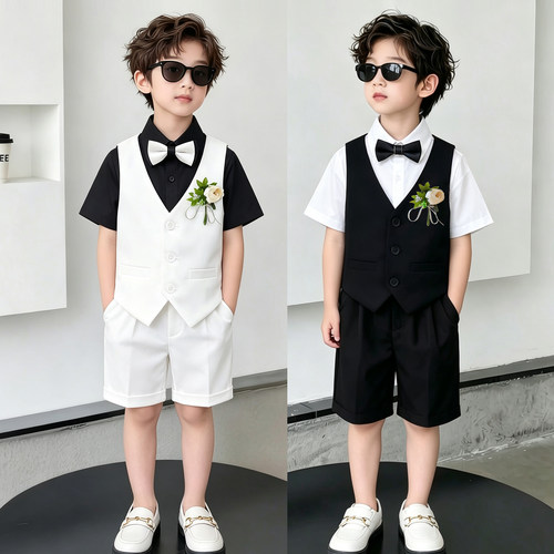 男童小西装套装夏季宝宝生日花童礼服男孩马甲儿童主持钢琴演出服