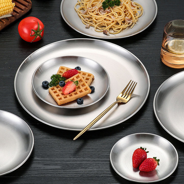 不锈钢304圆形韩式烤肉盘金色砂光圆盘点心糕点烧烤自助餐盘子