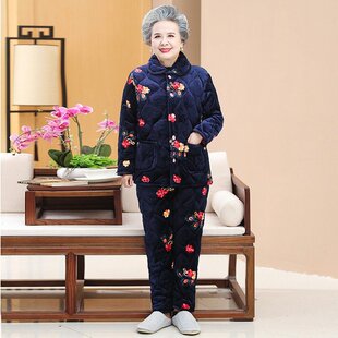 冬季中老年女士加厚保暖套装大码棉袄棉裤刺绣花卉居家服两件套