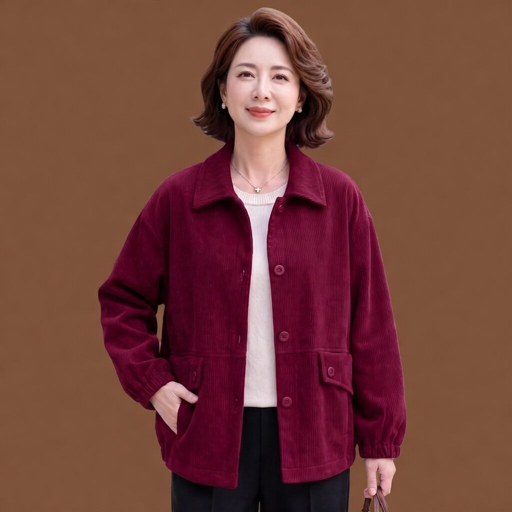 中老年女士酒红色灯芯绒薄款衬衫式外套春秋新款时尚百搭显瘦上衣