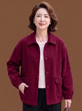 中老年女士酒红色灯芯绒薄款衬衫式外套春秋新款时尚百搭显瘦上衣