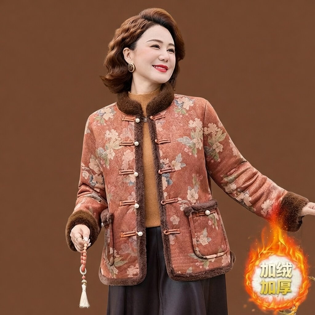 新中式国风妈妈冬装外套加绒加厚棉衣中老年女装保暖皮绒一体上衣