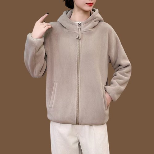 秋冬新款奥粒绒连帽拉链卫衣外套女妈妈时尚休闲百搭加绒保暖上衣