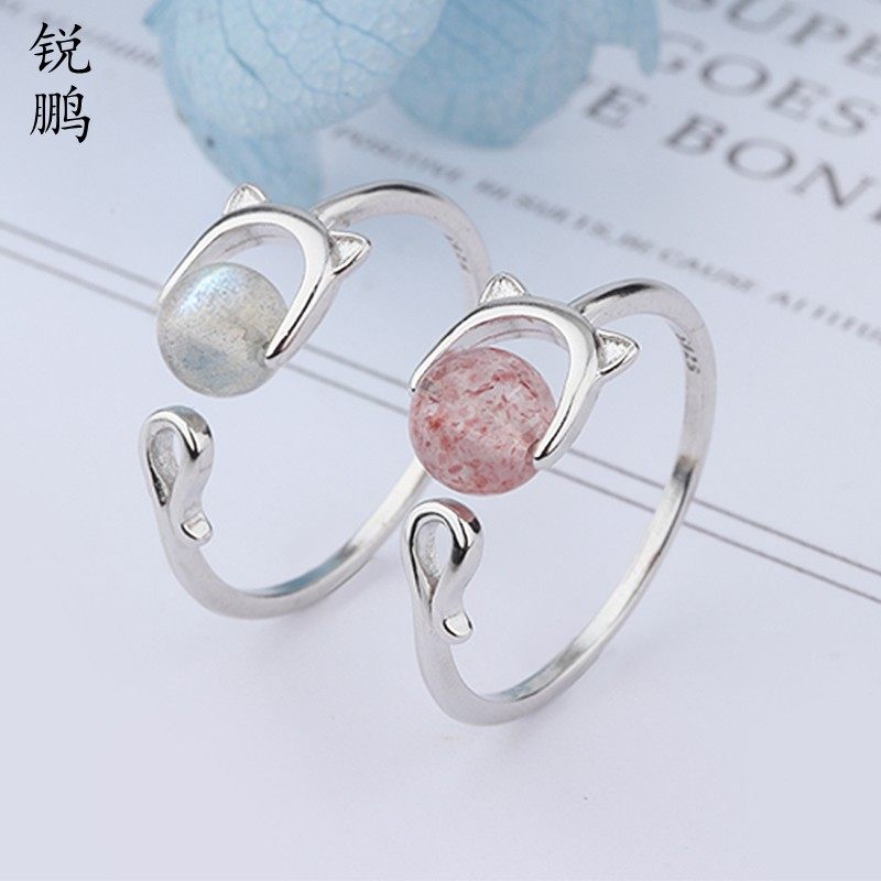 s925纯银水晶珠猫咪戒指精致指环