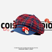 日系牛仔拼格纹蘑菇贝雷帽女大头围报童帽显脸小休闲百搭八角帽潮